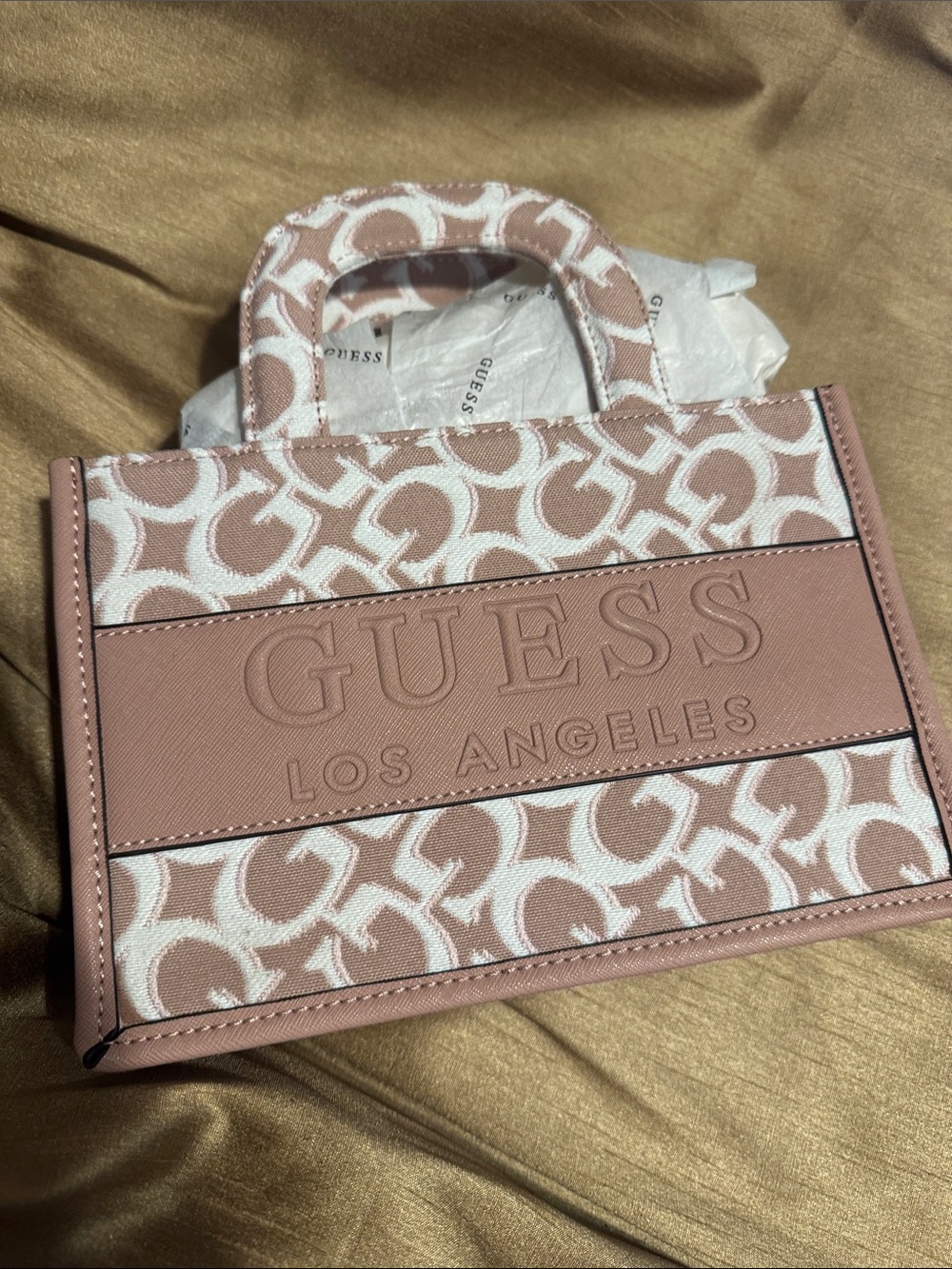 GUESS Pink and White Logo Jacquard Mini Tote